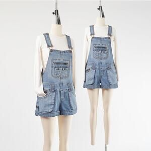 Vintage Y2K 2000s Denim Shortalls Low Rise Jean Cargo Shorts Overalls size S M